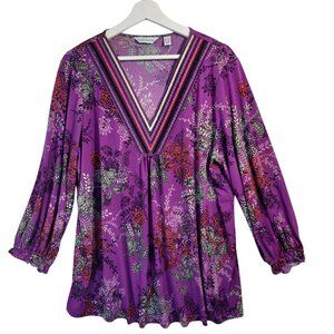 Susan Graver Top Purple Floral Liquid Knit Embellished Neckline Womens 1X